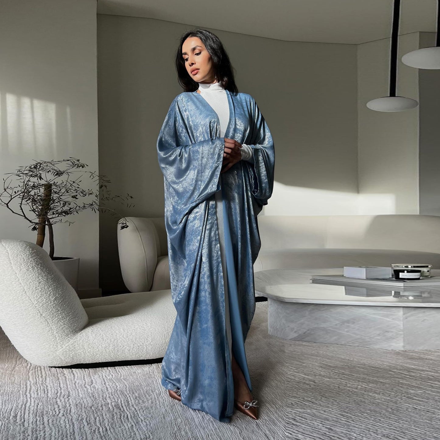 Bronzing satin abaya in light blue - modest fashion kuwait