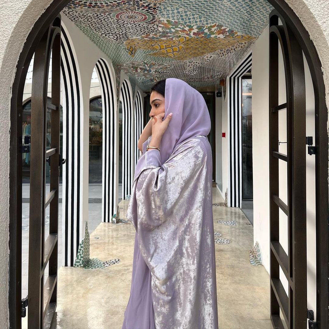 Bronzing satin abaya in purple - modest fashion Kuwait